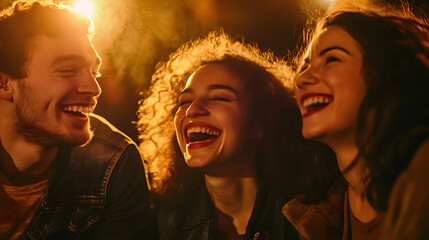 Three cheerful friends--two men and one woman--sit close together in a cozy theater, their expressions radiating laughter and delight