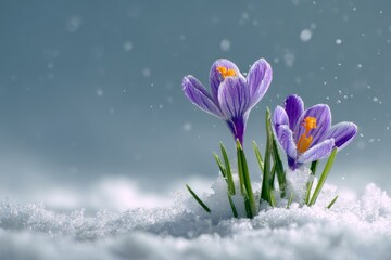 Snow-crowned crocuses herald the dawn of seasonal transitions. Fashion beauty. Crocuses gracing the snow: a serene canvas for personal messages. Concept art. Premium quality.