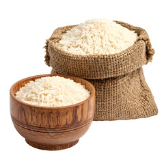 White rice spills from a wooden bowl and burlap sack, offering a staple grain