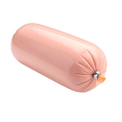 A single, cylindrical processed meat product in smooth, pink casing, against a black background