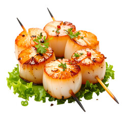 Appetizing, cooked seafood skewers with caramelized surfaces, garnished with herbs on green lettuce