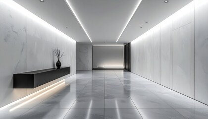 Obraz premium Interior view of a modern, spacious hallway with white walls, subtle marble accents, and linear lighting fixtures that illuminate the reflective flooring and sleek, minimalist design elements.