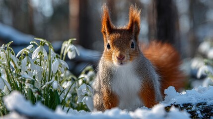 Winter's breath: a squirrel admires early snowdrop blossoms. Large format. Playful squirrel and luxurious snow blossoms in winter park. Bright colors. Minimal design.