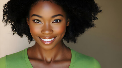 A young woman with a glowing smile and vibrant curly hair poses confidently, her bright green shirt adding a fresh pop of color to the neutral background