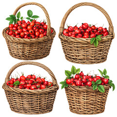 Four woven baskets overflow with vibrant red berries and green leaves against a dark background