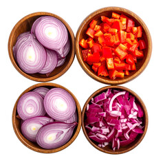 Four wooden bowls showcasing chopped red onion and red bell pepper preparations