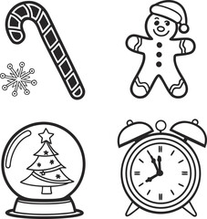 Christmas icons candy cane gingerbread snow globe alarm clock festive holiday graphics isolated on transparent background