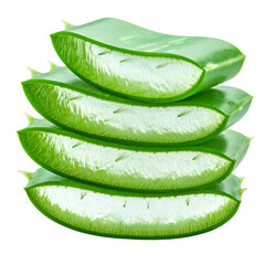 Stacked, translucent aloe vera slices with visible pulp, thorns on the edges, against a black background