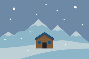 A cozy cartoon winter village scene featuring a snowy house in the mountains under a blue December sky with a festive Christmas tree and snowflakes for a holiday card illustration