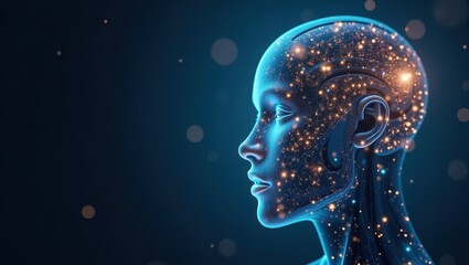 A digital illustration depicts a glowing humanoid figure composed of interconnected lights and particles against a dark blue backdrop, representing artificial intelligence with a futuristic aesthetic.