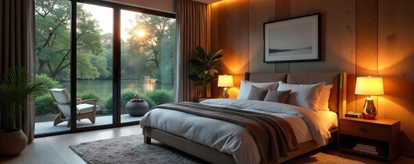 Serene Master Bedroom Warm Lighting for Relaxation and Unwinding After a Long Day.  Ideal for Interior Design Inspiration and Bedroom Decor.