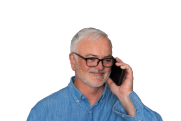 Close up portrait of handsome Mature man wearing glasses on cell phone against a transparent background.