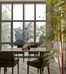 Large luxury modern bright interiors Living room mockup illustration 3D rendering image