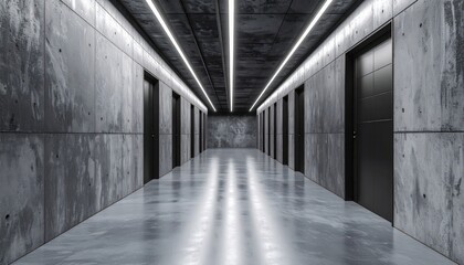 Concrete corridor featuring a long, perspective view, illuminated by bright overhead linear lights, leading towards a distant point within an enclosed, industrial-style space, presenting multiple...