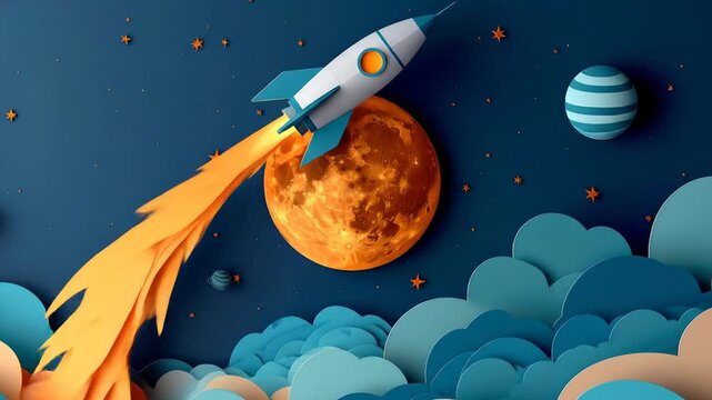 Cartoon rocket ship takes off toward full moon in vibrant space scene