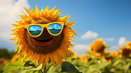A vibrant orange sunflower with a happy, playful smile wears stylish yellow sunglasses with blue lenses, standing tall in a sunlit field of golden sunflowers