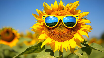 A vibrant orange sunflower with a happy, playful smile wears stylish yellow sunglasses with blue lenses, standing tall in a sunlit field of golden sunflowers