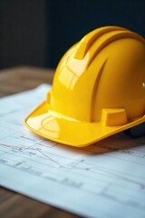 Yellow Safety Helmet on Blueprint Ensuring Workplace Safety and Careful Planning in Construction