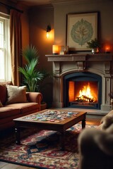 Family Relaxation Cozy Living Room with Fireplace, Games, and Plush Furniture