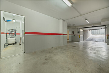 Detached   garage with a gray sectional door, ample interior space, and shelves for organized...
