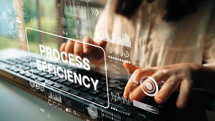 Woman Using Laptop with Digital Overlays Representing Process Efficiency and Data Analysis in Office Setting. Asymptotic smart data analytic.