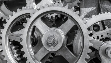 Several interlocked metal gears of varying sizes are captured in a , showcasing a mechanical system with intricate details and textured surfaces, arranged in monochrome composition to emphasize...