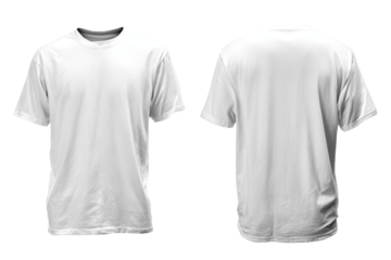 A plain white t-shirt mockup showing the front and back views against a black background, isolated on transparent background, perfect cutout, PNG