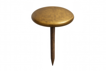 Vintage brass thumbtack pinning ideas, notes, and reminders, isolated on a transparent background