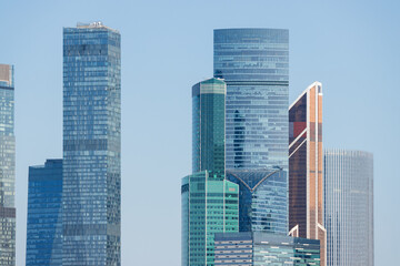 Fototapeta premium Modern skyscrapers against the sky. View of residential and office high-rise buildings. Close-up. Moscow international business center. Moscow city, Russia.