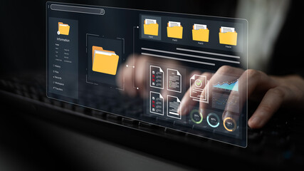 A user interface for a document management system. The dashboard provides file organization, a project workspace, and data analytics for corporate information management. Fermion