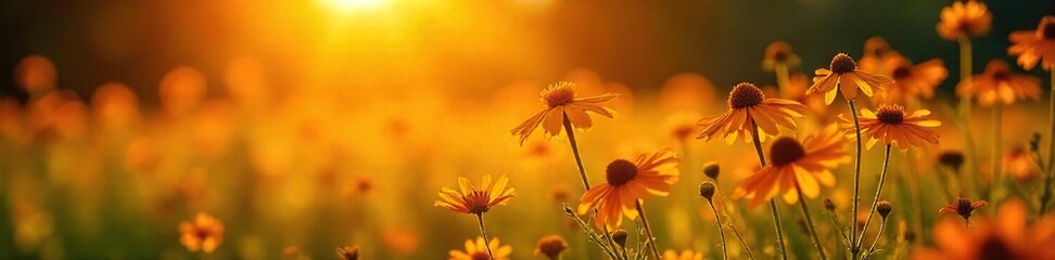 Golden Hour Wildflowers Late Summer Field bathed in Warm Sunlight, Drooping Petals, Peaceful Evening