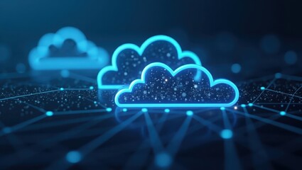Digital cloud computing concept presents glowing, abstract, cloud-shaped icons, emitting a cool blue light, integrated within a connected network of points, creating a futuristic and technological...