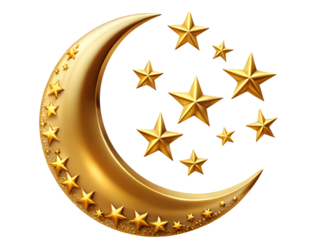 Golden crescent moon with shining stars celestial night sky isolated on transparent background