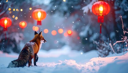 A vibrant fox, adorned in winter's embrace, gazes towards illuminated paper lanterns during a snowfall, amidst blurred golden lights in a tranquil, snowy woodland setting, a serene, picturesque scene.