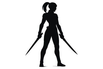 Silhouette of a strong female warrior with swords standing ready for battle