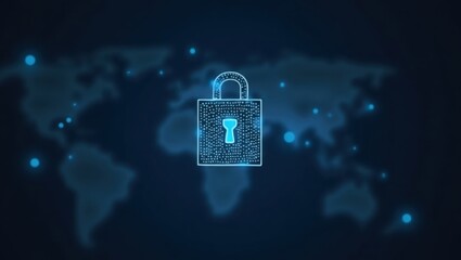 Illustrative image showcasing digital security, featuring a glowing padlock overlaid on a world map outline. The composition uses a cool color palette and a futuristic aesthetic.