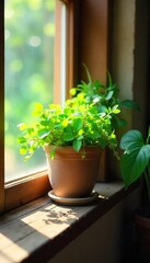 Sunlit Rustic Windowsill Overflowing with Lush Green Plants in a Cheerful Ceramic Pot, Evoking Home, Growth, and Tranquility