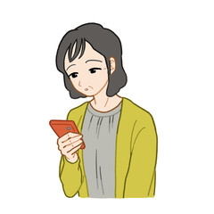 手に持ったスマホ（スマートフォン）を見ているシニア女性のイラスト