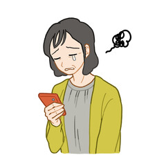 スマホ（スマートフォン）を見て悲しんでいるシニア女性のイラスト