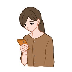 手に持ったスマホ（スマートフォン）を眺めている若い女性のイラスト