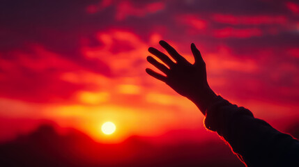 Silhouette of a hand reaching toward the sunset in vivid red sky