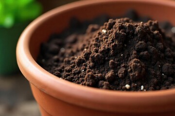 Moist Dark Potting Soil Ready for Planting in Terracotta Pot ? Spring Gardening Texture