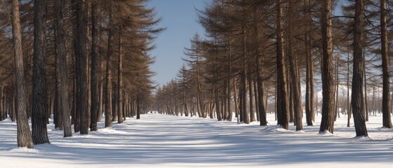 Obraz premium Frozen serenity: tranquil forest path after seasonal transformation. Documentary view. Winter dreams: a pristine path through the snowy forest landscape. Human touch. Candid shot.