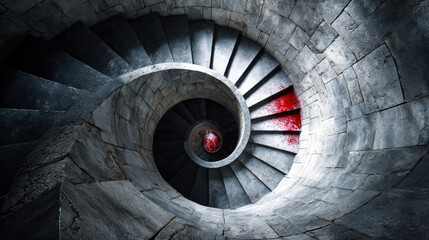 Naklejka premium Dark spiral stone staircase with dramatic lighting and red accent detail