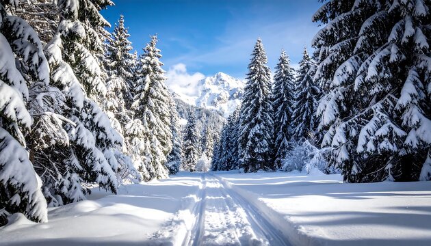Snowy path through a winter forest