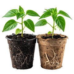 Two small green pepper seedlings in individual pots, one showing exposed roots
