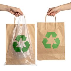 Two hands hold a plastic and a paper bag, both with a green recycle symbol