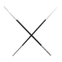 Two slender, crossed wands, with silver tips, stand out against a stark black background