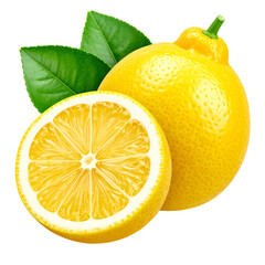 Vibrant yellow citrus fruit with a slice, surrounded by leaves against a black background