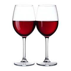 Two elegant crystal wine glasses filled with rich, ruby-red liquid, set against black